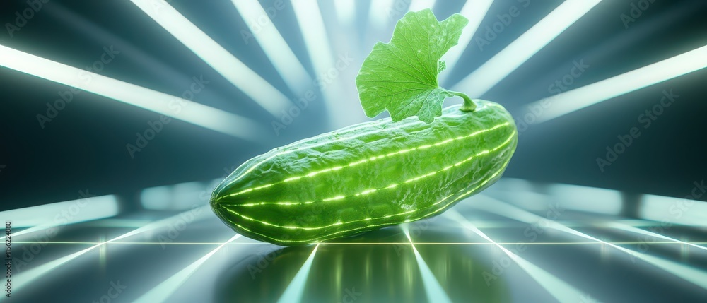 Poster bitter gourd illuminated by light beams in a quantum grid setting. vegetable with abstract science b