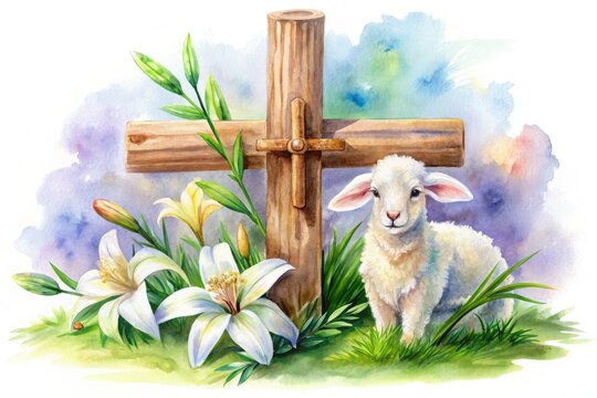 Watercolor Easter Cross Lamb Lilies - High Depth of Field - Powered by Adobe
