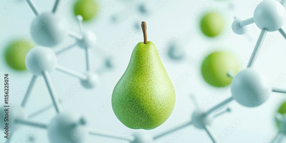Poster a green pear floats in molecular structure background. fruit with abstract science background.