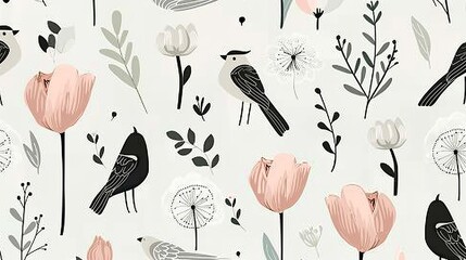A fun Scandinavian style plant pattern with a soft white background, featuring hand-painted tulips, dandelions, bouquets, and minimalist leaves, adorned with pink, black, and sage green accents
