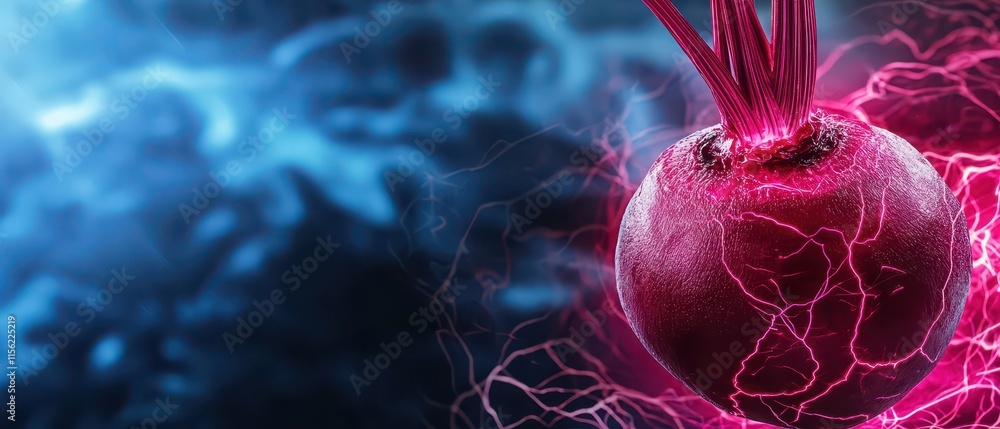 Aufkleber a glowing beetroot in an abstract plasma cloud scene. vegetable with abstract science background.