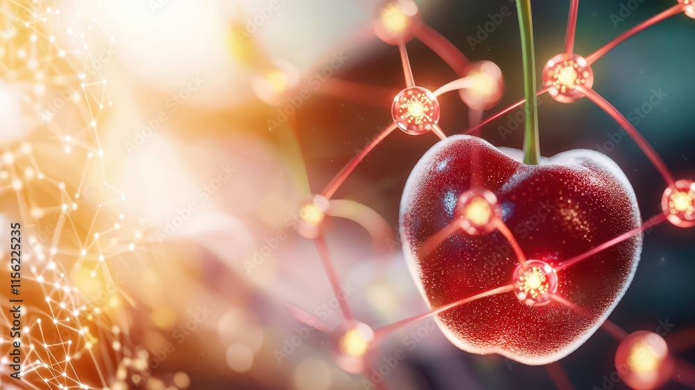 Poster shiny cherry surrounded by glowing electron orbits. fruit with abstract science background.