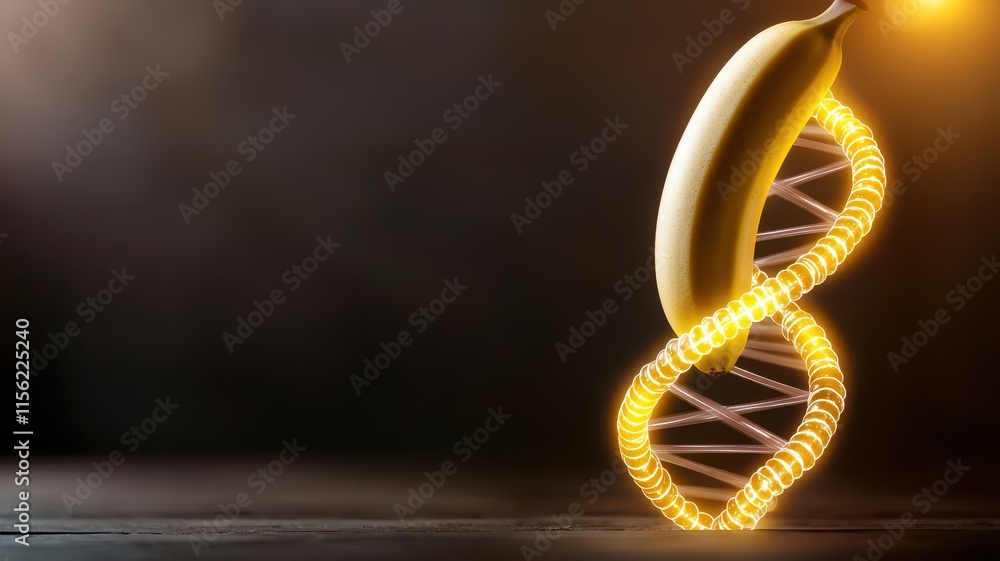 Poster a banana suspended in a glowing dna helix structure. fruit with abstract science background.