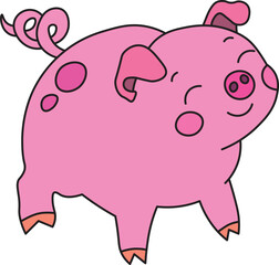 happy contented pink pig stands and smiles with his eyes closed