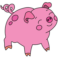 happy contented pink pig stands and smiles with his eyes closed