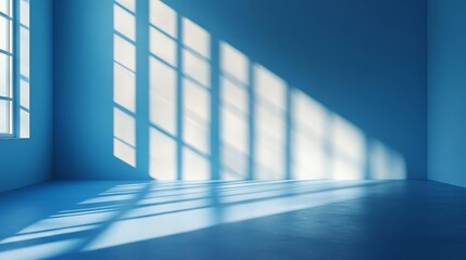 A minimalist room with a blue background, soft shadows, smooth reflective flooring, and long shadows cast by the light above. A serene and elegant atmosphere, emphasizing simple and clean design.
