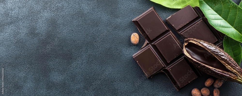 Poster rustic chocolate idea. delicious dark chocolate bar surrounded by cocoa leaves and nuts on a texture