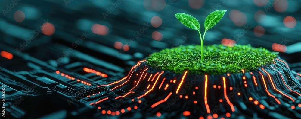 Poster seedling grow idea. a green plant emerging from a computer circuit board, symbolizing technology and