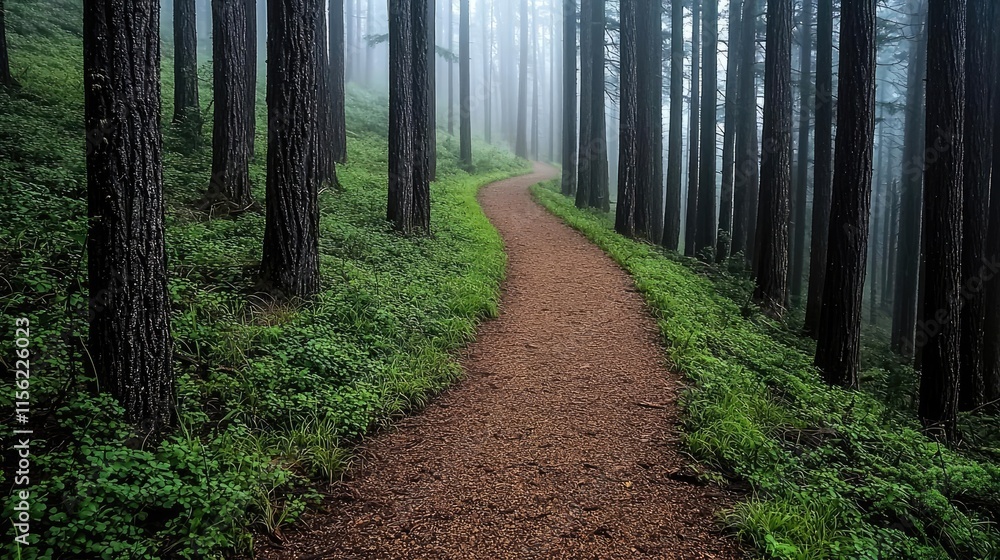Poster mist forest concept. a tranquil path through a misty forest, surrounded by towering trees and lush g
