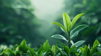 Fototapeta premium Mist forest concept. Close-up of fresh green leaves in a natural, serene environment, symbolizing growth.