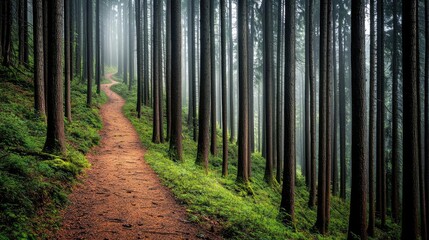 Fototapeta premium Mist forest concept. A serene forest path weaving through tall trees, shrouded in mist and lush greenery.
