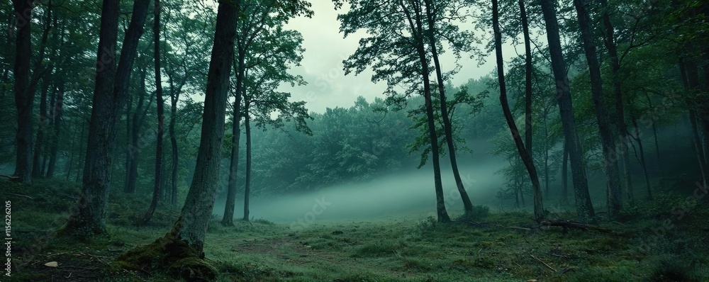 Aufkleber mist forest concept. mysterious forest scene with fog and tall trees creating a serene natural atmos