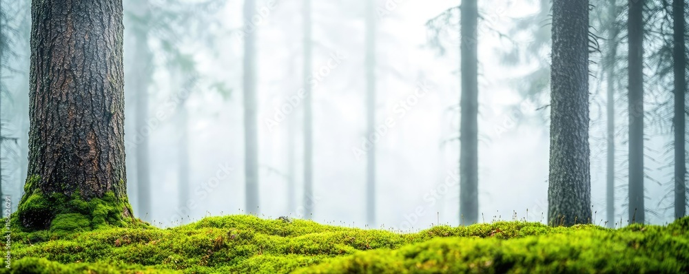 Poster mist forest concept. misty forest with towering trees and vibrant green moss creating a serene atmos