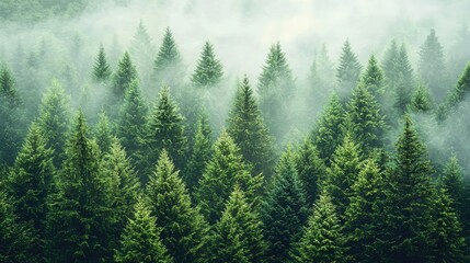 Fototapeta premium Mist forest concept. A serene forest landscape shrouded in mist, showcasing towering evergreen trees.