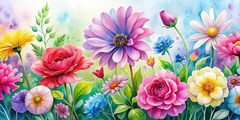 Watercolor Flowers, High Depth of Field, Pink Blue Lilac Red Yellow Green White Background