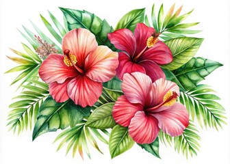 Watercolor Hibiscus Botanical Illustration, Palm Leaves, Candid Photography