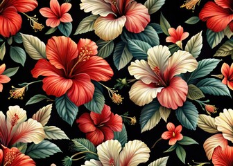 Watercolor Hibiscus  Pattern - Tropical Flowers on Black