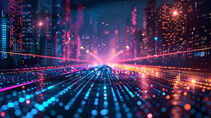 Obraz premium Futuristic city lights converge on a glowing highway at night.