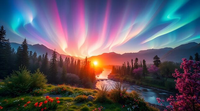 Spring Forest Mountain River in Sunrise