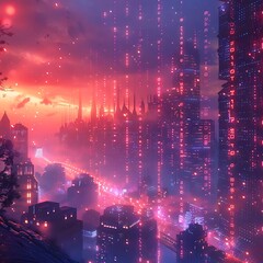 Fototapeta premium Futuristic city skyline at sunset, glowing buildings and digital rain.