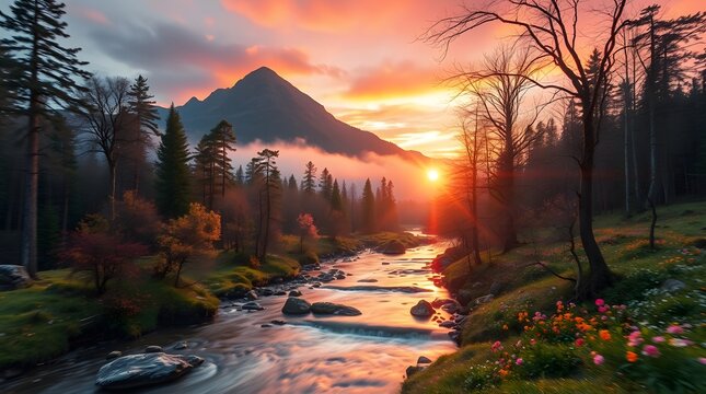 Spring Forest Mountain River in Sunrise