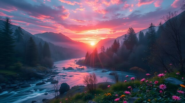Spring Forest Mountain River in Sunrise