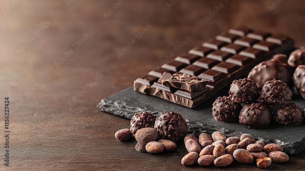 Aufkleber rustic chocolate idea. delicious dark chocolate bar with assorted chocolate truffles on a rustic woo