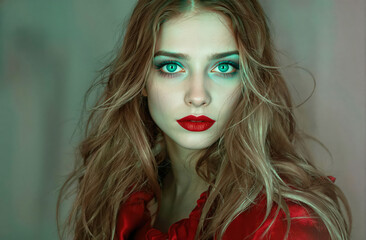 Fototapeta premium The Enigma of the Emerald Gaze: A Muse Wrapped in Shades of Mystery, Hypnotic Beauty, and the Serenity of Deep Crimson 