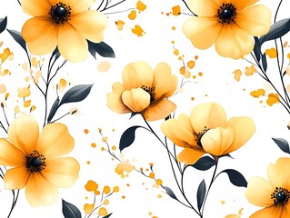 Watercolor Yellow Flowers and Dark Leafy Branches Pattern