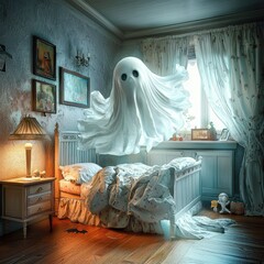 A whimsical white sheet ghost in a child's bedroom at night.