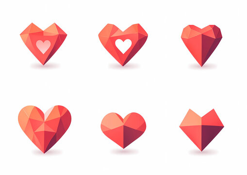 Set of simple vector heart icons, low-poly style, white background, red color scheme