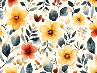 Watercolor Floral Pattern With Yellow Orange Flowers and Leaves