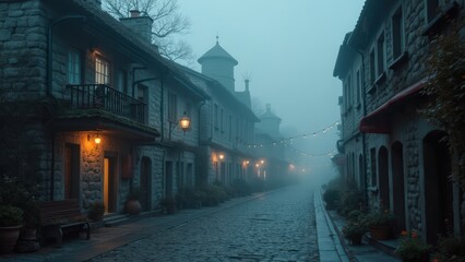 Obraz premium Mysterious Foggy Cobblestone Street in a Quaint European Village at Twilight