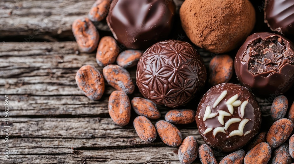 Poster rustic chocolate idea. delicious assorted chocolate truffles surrounded by cocoa beans on a wooden s