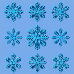 Nine Blue Crystal Snowflakes on Blue Background Winter Holiday Design