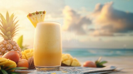 Creamy pineapple mango smoothie on beach at sunset.