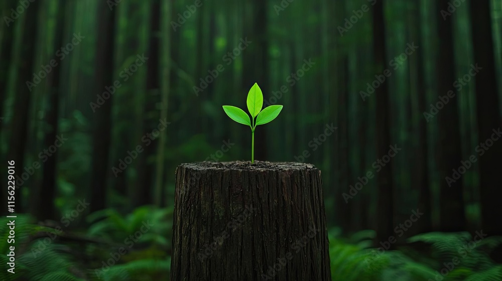 Poster seedling grow idea. a small sprout emerging from a tree stump in a dense green forest.