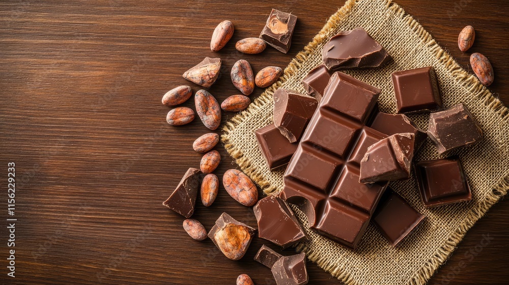 Poster rustic chocolate idea. delicious chocolate pieces arranged on a rustic wooden surface with cocoa bea