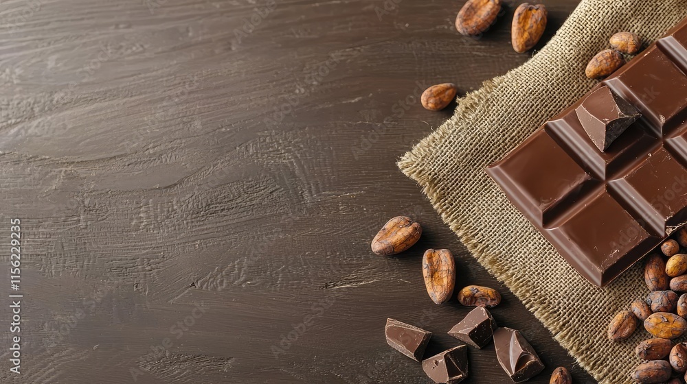 Poster rustic chocolate idea. a delectable spread of dark chocolate and cocoa beans on a rustic surface.