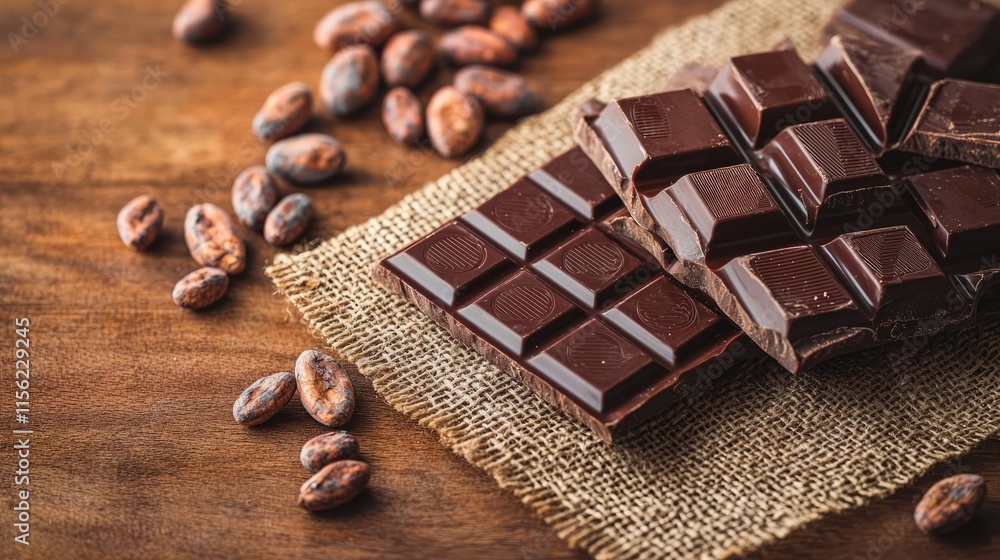 Poster rustic chocolate idea. rich dark chocolate pieces on a rustic burlap with cocoa beans scattered arou