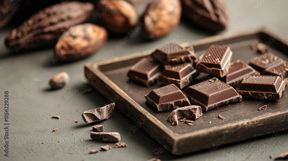 Poster rustic chocolate idea. rich dark chocolate pieces on a rustic slate plate with cocoa beans in the ba