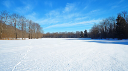 青空と太陽が描く雪原の静けさと木々