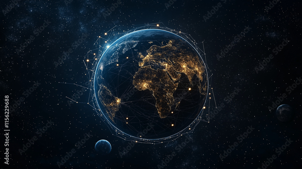 Poster global network: illuminated earth in space