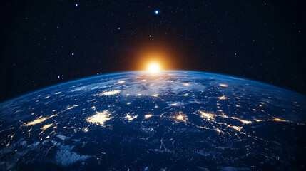 Obraz premium Earthrise: A breathtaking view of our planet, bathed in the golden glow of a rising sun, against the backdrop of a star-studded cosmos. This image evokes a sense of awe and wonder.