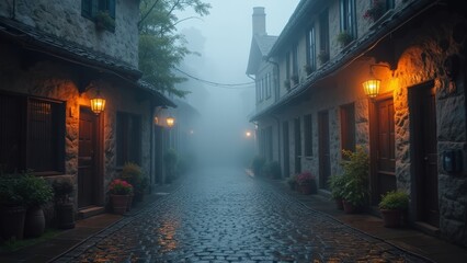 Fototapeta premium Mysterious Foggy Alley in a Medieval European Town