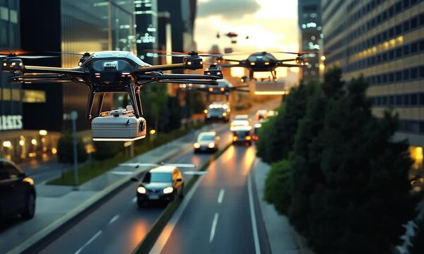 A futuristic cityscape featuring delivery drones operating above busy streets at sunset.