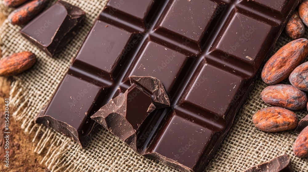 Poster rustic chocolate idea. delicious dark chocolate bar with cocoa beans on burlap background.