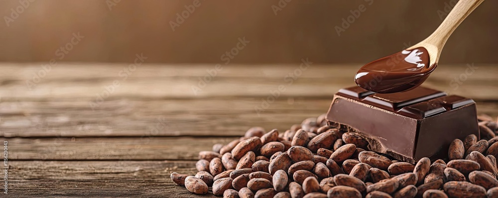 Poster rustic chocolate idea. close-up of chocolate bar and cocoa beans on rustic wooden surface.
