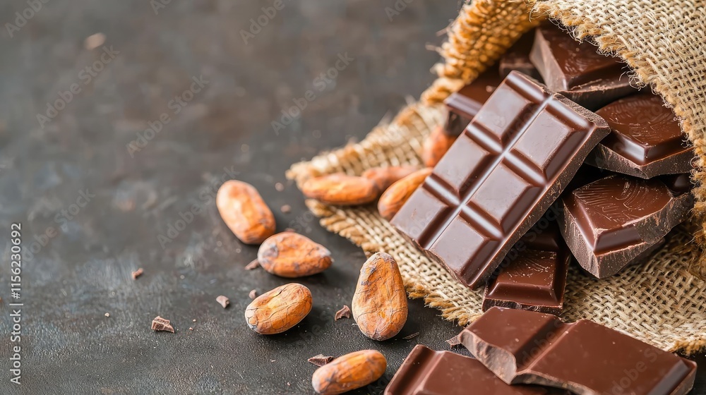 Poster rustic chocolate idea. delicious chocolate bar pieces scattered with cocoa beans on a rustic backgro