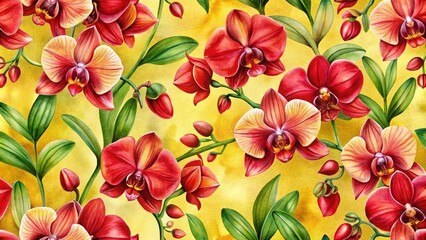 Watercolor Red Orchid Floral  Pattern on Yellow Background for Fabric